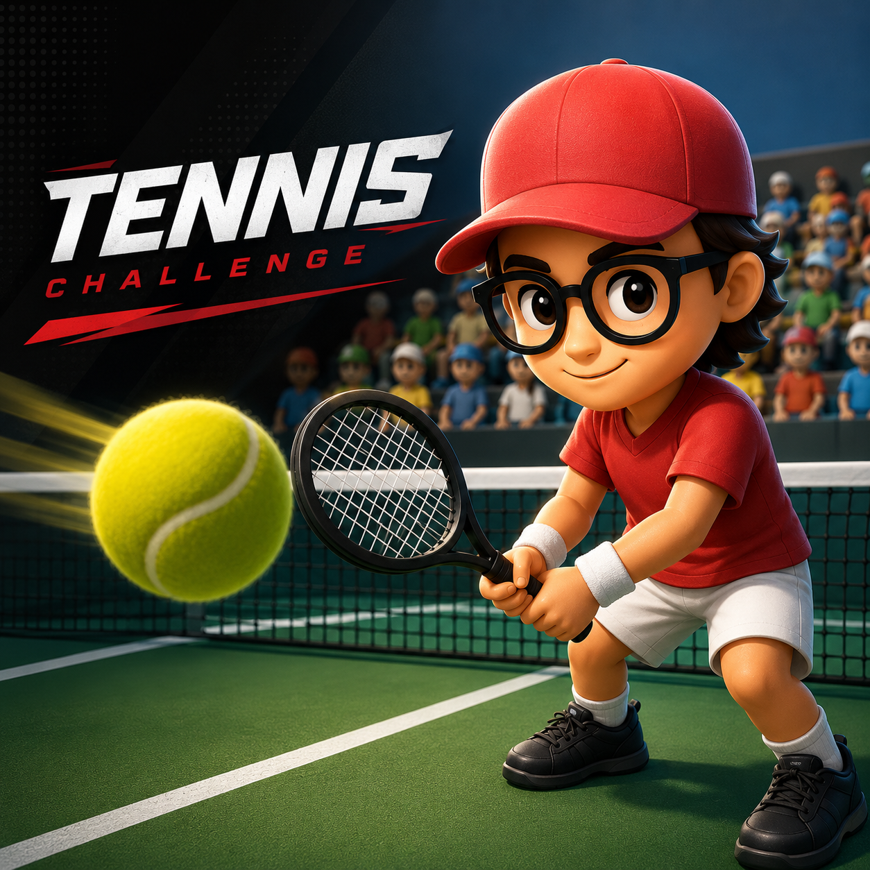 Tennis Challenge: a young player in a red cap returning a serve on a 3D tennis court