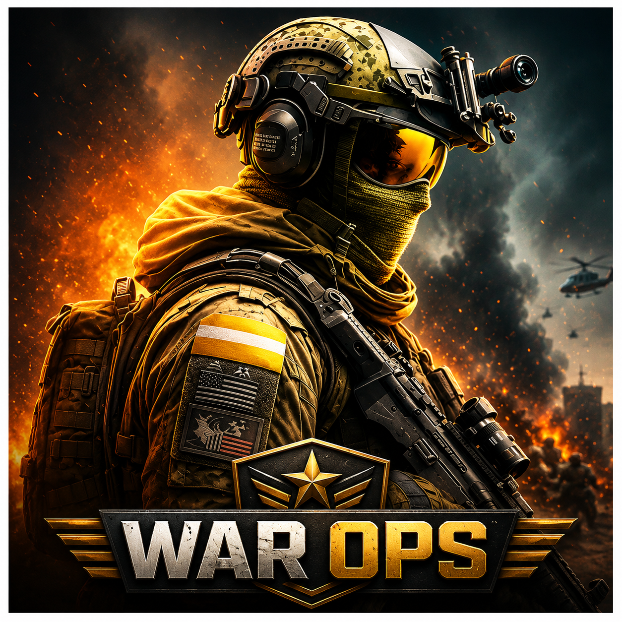 War Ops: a soldier with a sniper rifle against a burning battlefield backdrop